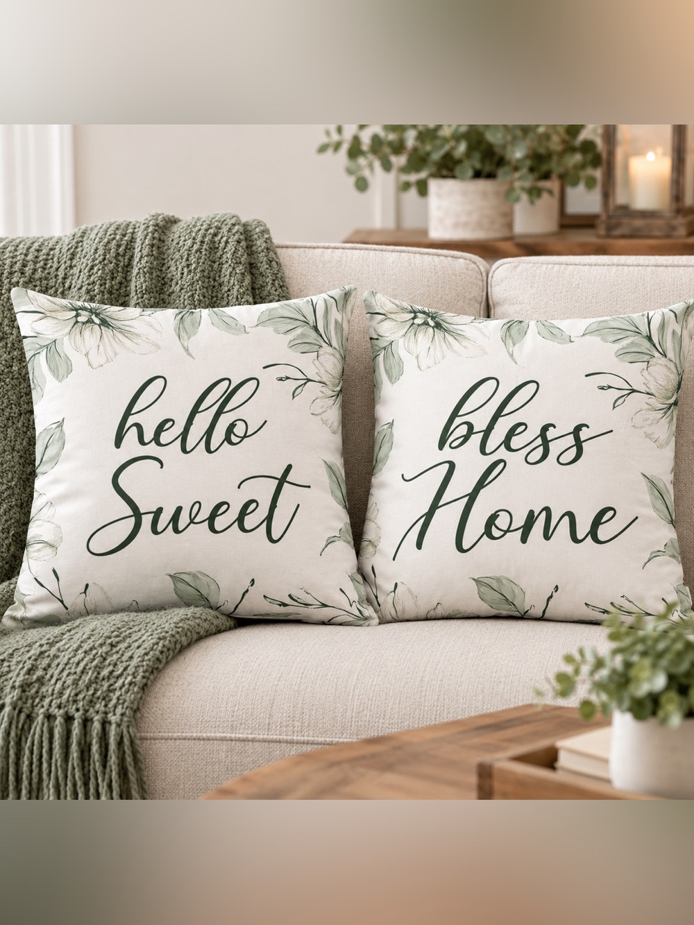 White & Sage Green Floral Decorative Pillow Cover
